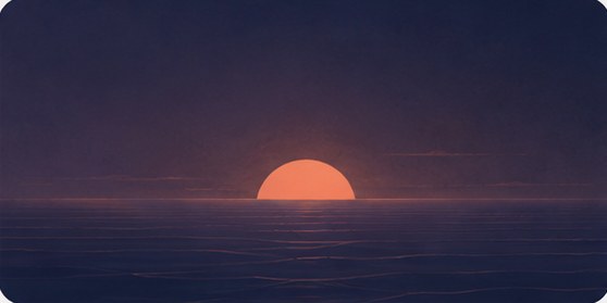 A sun low on the horizon over still, dark water at daybreak