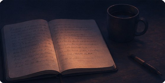 An open handwritten journal beside a cup of coffee, lit warmly