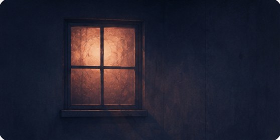 A single lit window glowing warm in a dark wall