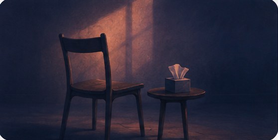 An empty chair beside a small table in a dim room, lit by light from a window