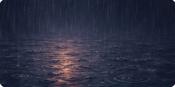 Rain falling on dark water, ripples spreading across the surface