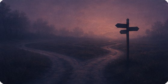 A signpost at a fork in a path, in soft fog at dusk